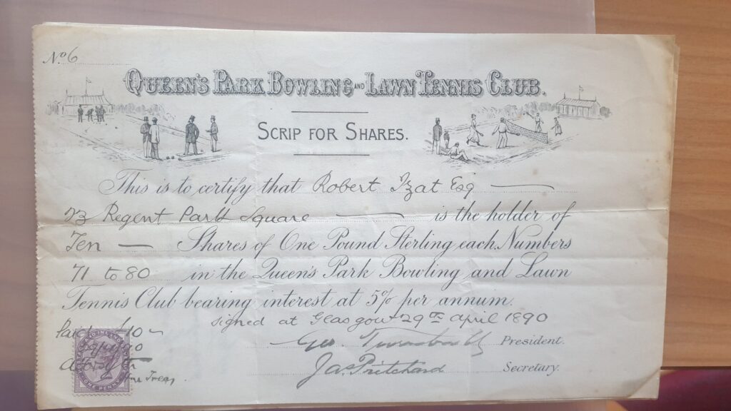 A share certificate for Queens Park Bowling Club for 1890