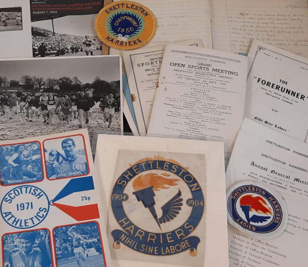 A collection of archival material relating to Shettleston Harriers, including photographs, programmes and badges