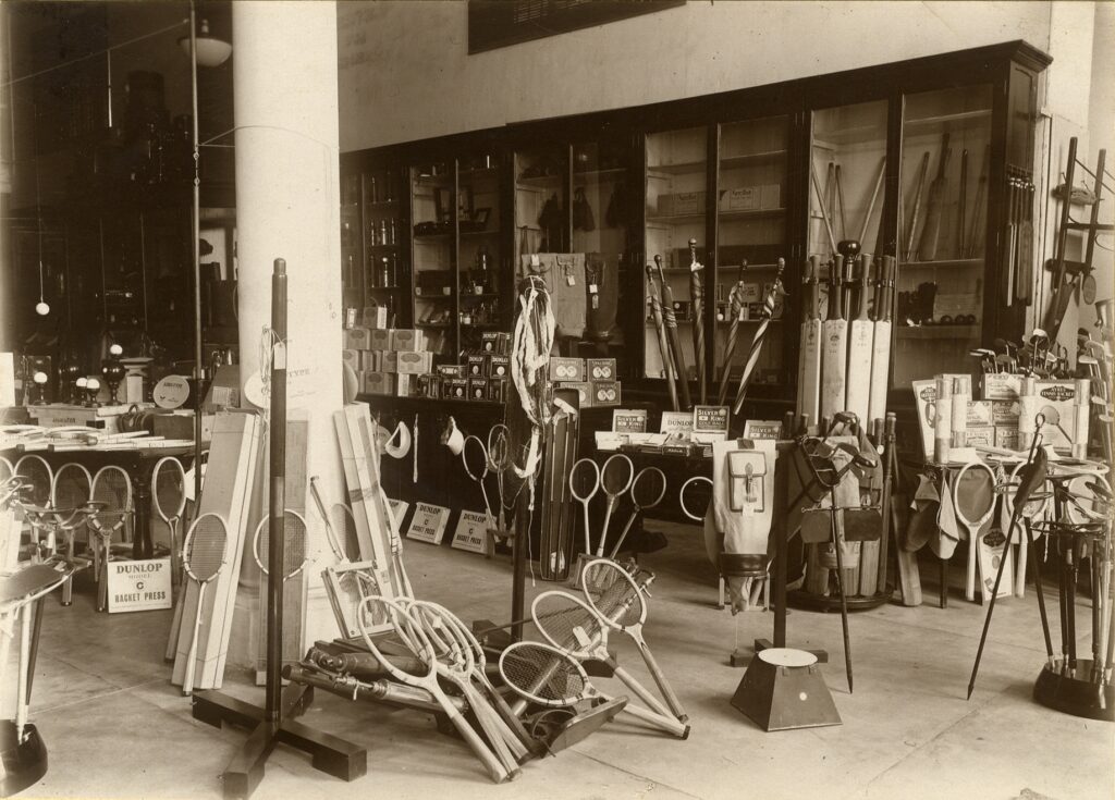 Interior of a sporting goods shop in the 1930s