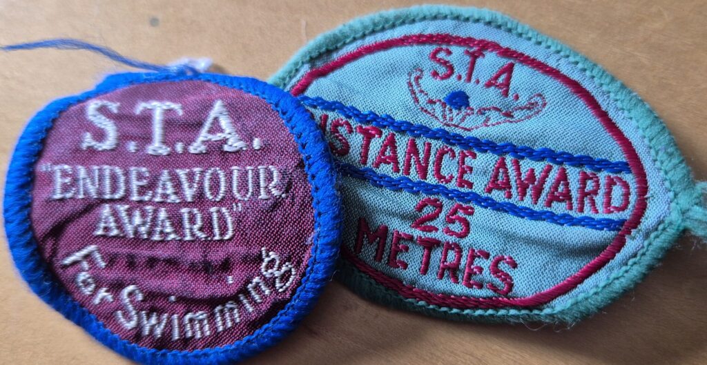 Two embroidered swimming badges